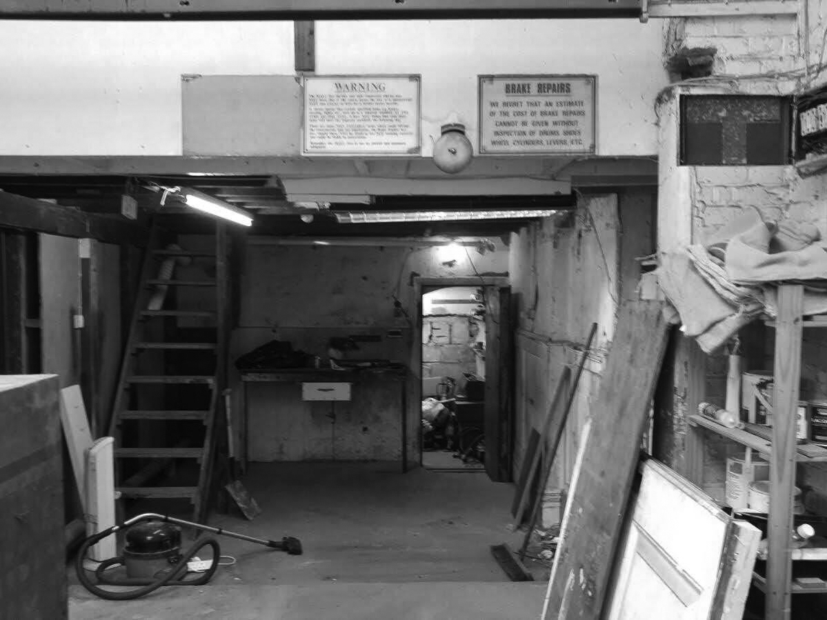 The old workshop interior with brake repairs sign